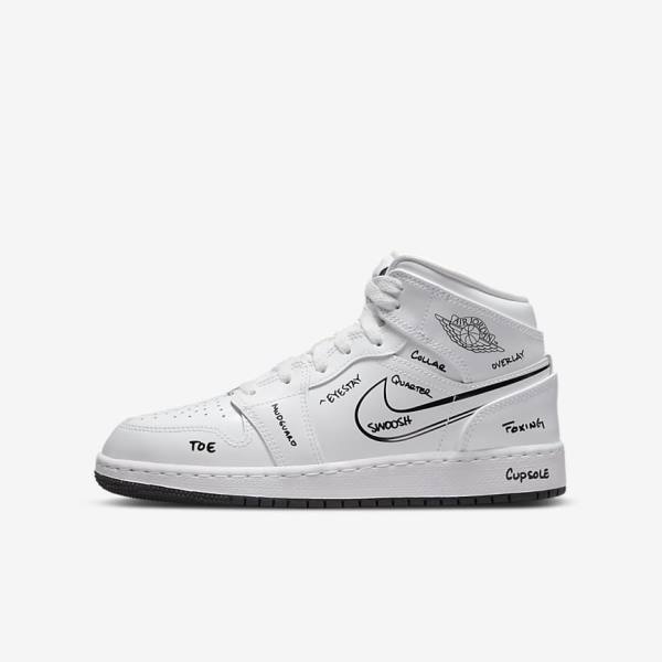 Nike Air Jordan 1 Mid Older Lasten Jordan Kengät Valkoinen Mustat | NK396UZB