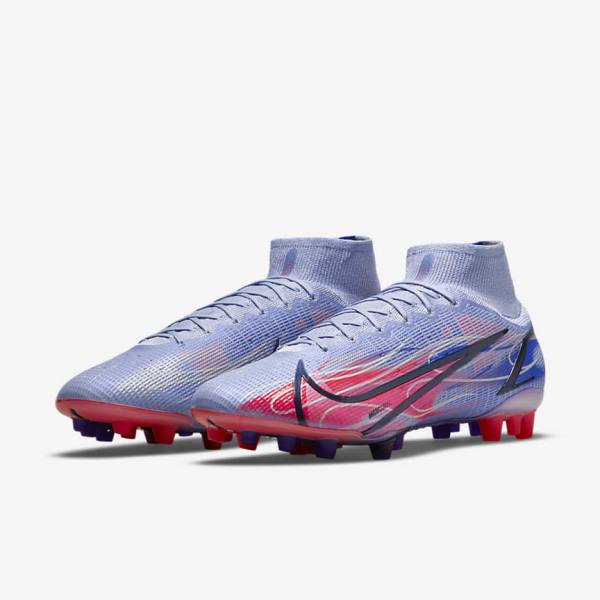 Nike Mercurial Superfly 8 Elite KM AG Artificial-Grass Naisten Jalkapallokengät Indigo Vaaleanpunainen Metal Hopea | NK360IDT