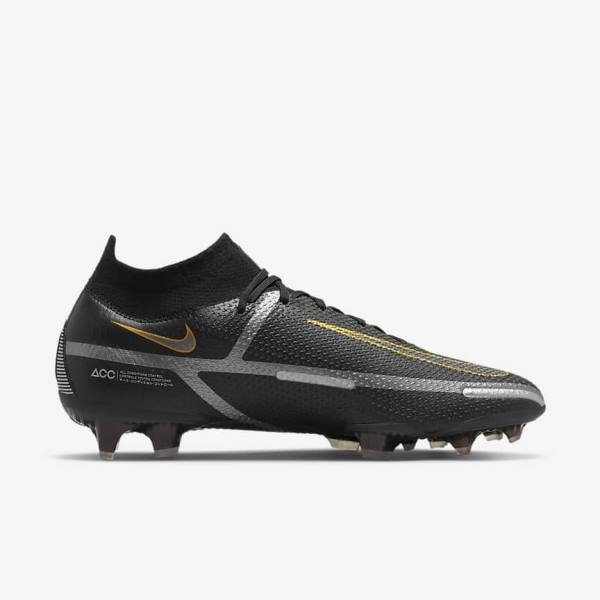 Nike Phantom GT2 Dynamic Fit Elite FG Firm-Ground Miesten Jalkapallokengät Mustat Metal Kultaiset Metal Hopea Metal Tummanharmaat | NK960HTJ