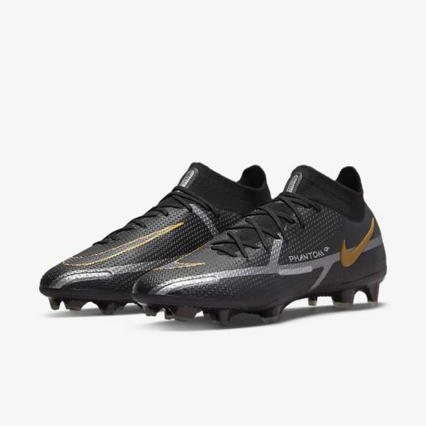 Nike Phantom GT2 Dynamic Fit Elite FG Firm-Ground Miesten Jalkapallokengät Mustat Metal Kultaiset Metal Hopea Metal Tummanharmaat | NK960HTJ