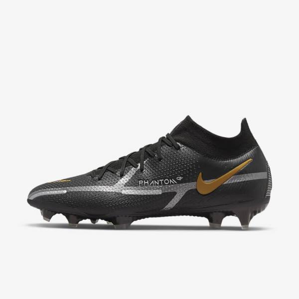 Nike Phantom GT2 Dynamic Fit Elite FG Firm-Ground Miesten Jalkapallokengät Mustat Metal Kultaiset Metal Hopea Metal Tummanharmaat | NK960HTJ