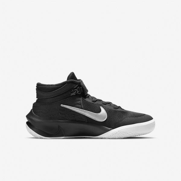 Nike Team Hustle D 10 FlyEase Older Lasten Koripallokengät Mustat Valkoinen Metal Hopea | NK532HWE