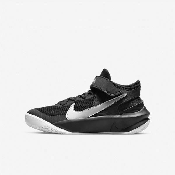 Nike Team Hustle D 10 FlyEase Older Lasten Koripallokengät Mustat Valkoinen Metal Hopea | NK532HWE